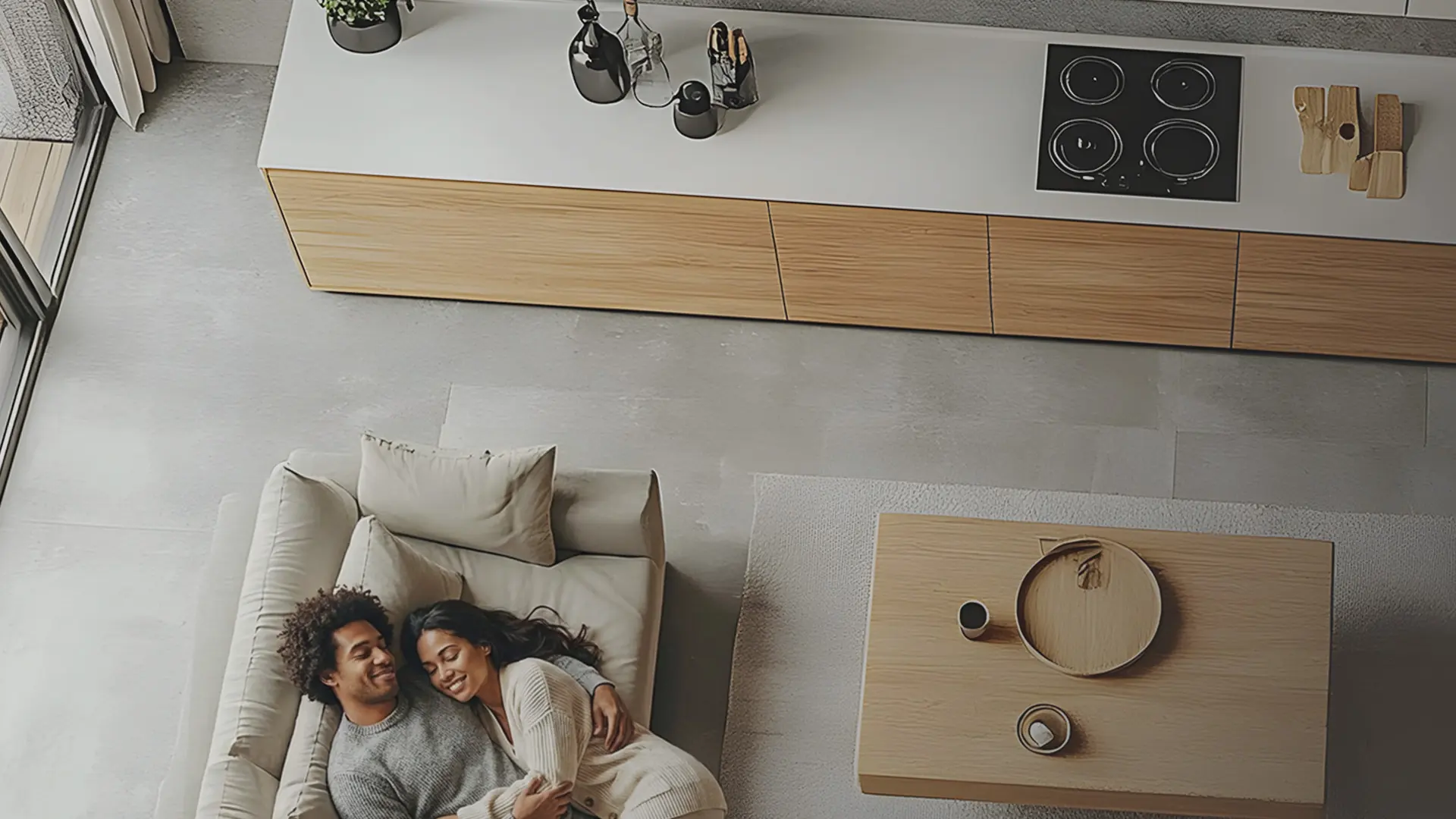 An overhead view of two people relaxing in a bright living space