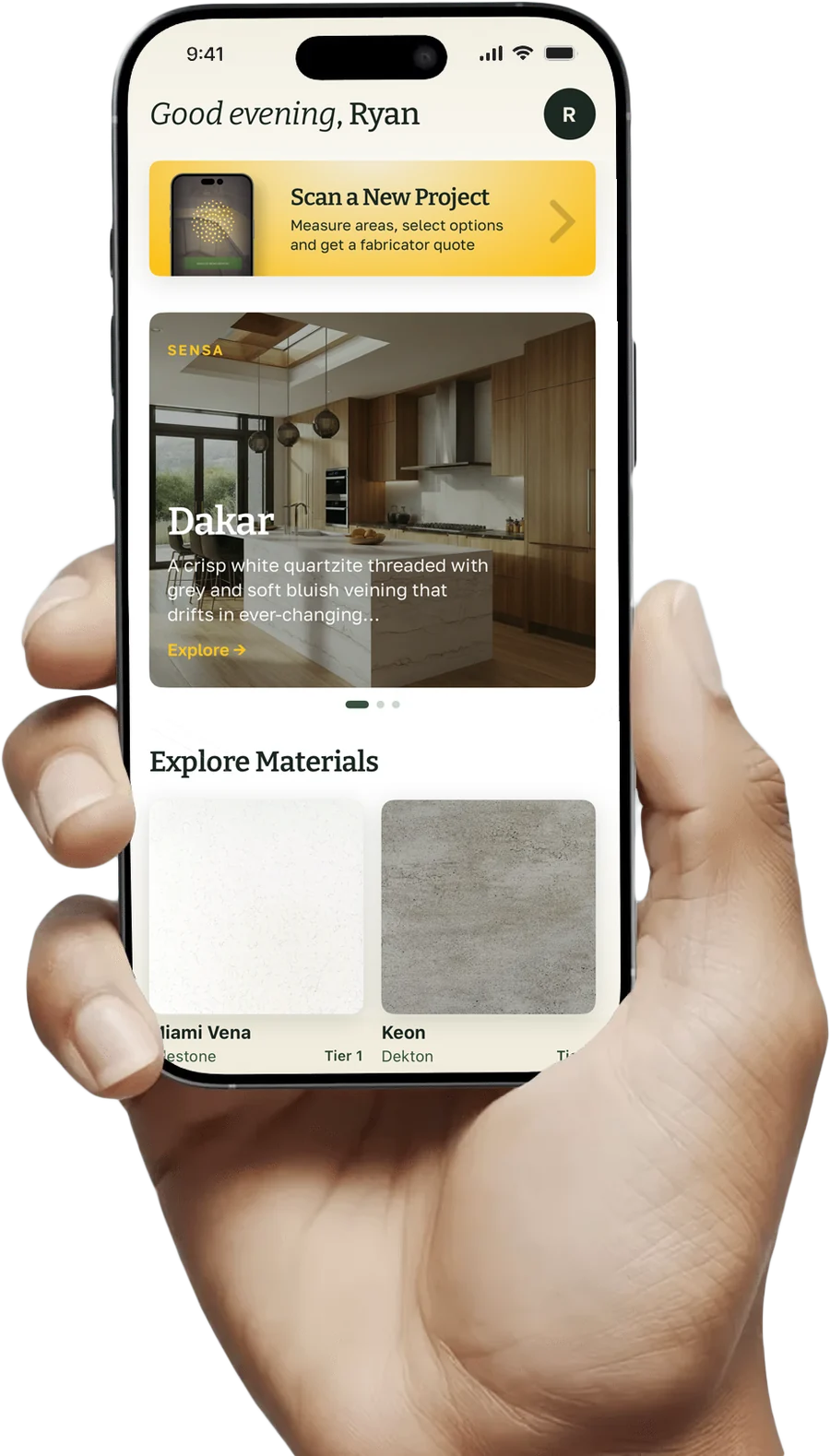 The Novaclad app home screen with a project and material picks
