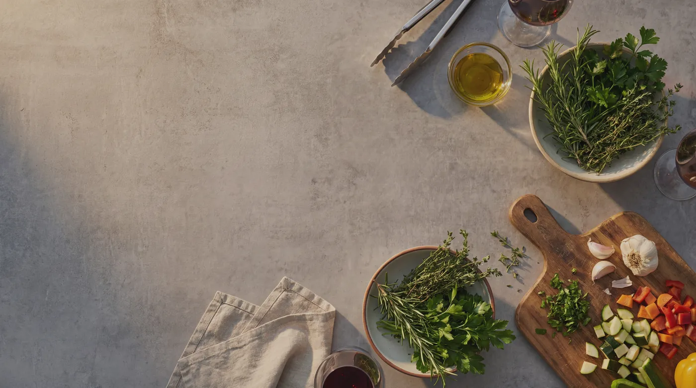 A shared meal laid out across a stone countertop